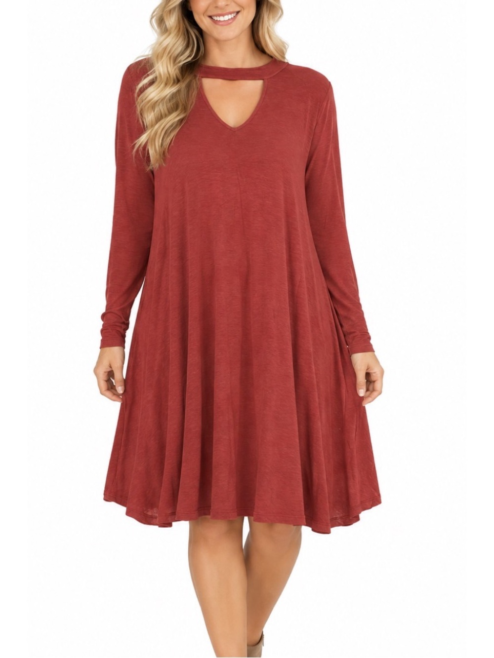Vanity rust long sleeve dress with a flattering flowy A-line silhouette, 2x